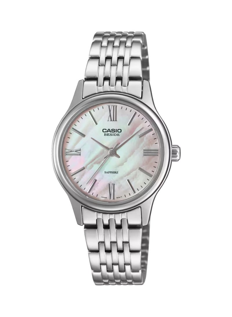 Beside Analog Women's Watch BLS-100DS-4AVDF, 34.5mm Pink Dial, Silver Stainless Steel Case & Bracelet, 50 m WR